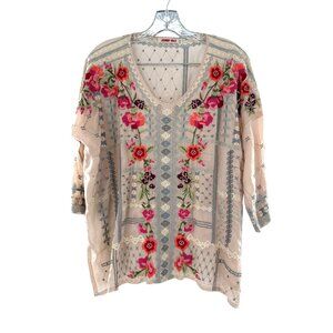 Johnny Was Carnation Boho Floral Embroidered Blouse XS Beige V-Neck‎ 3/4 Sleeve